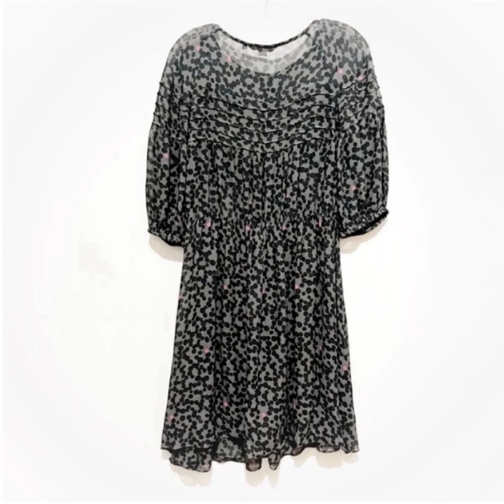 Boden abstract print dress gray black dots viscose pleated flowy puff sleeves - Picture 10 of 10
